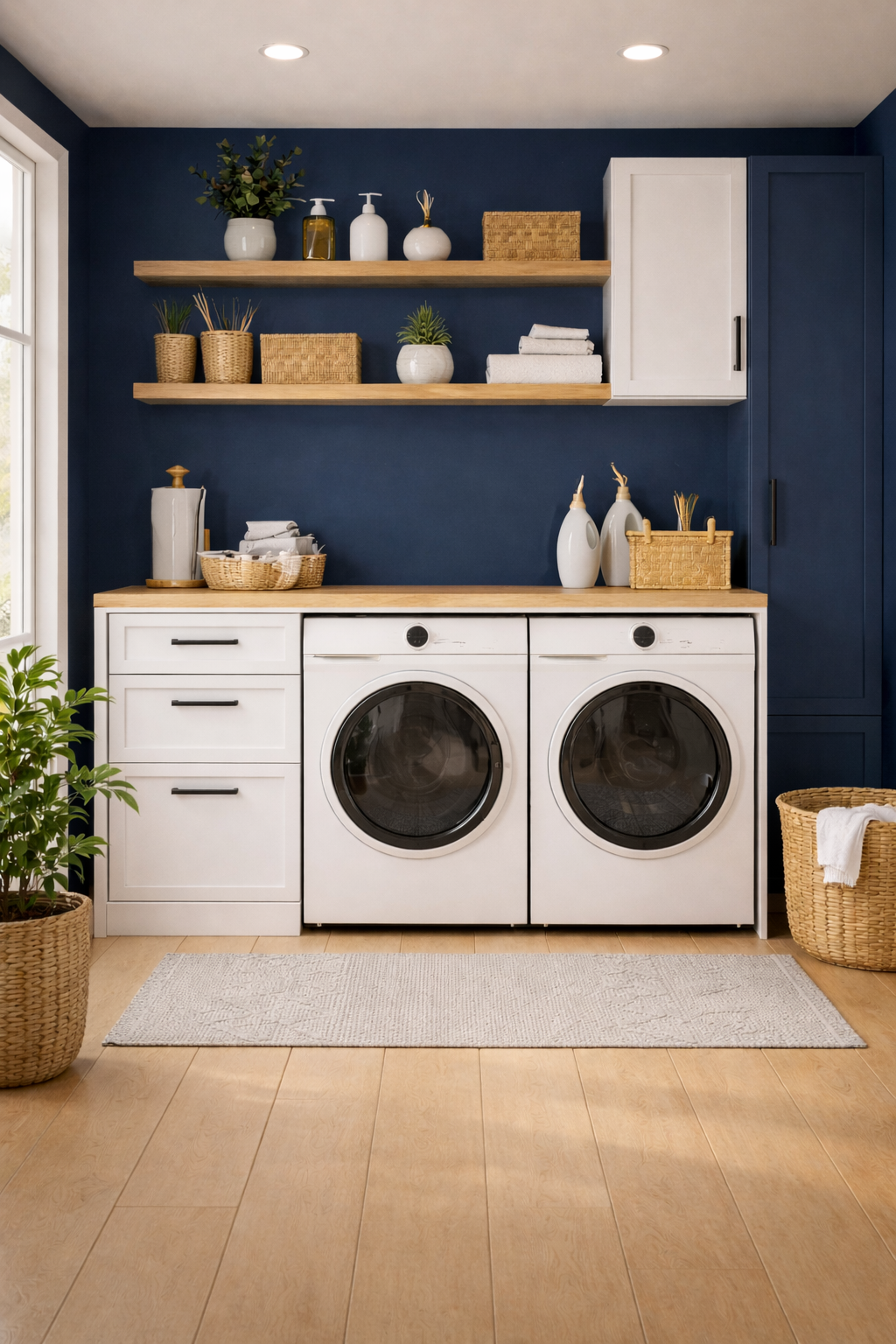 A navy blue laundry room.
